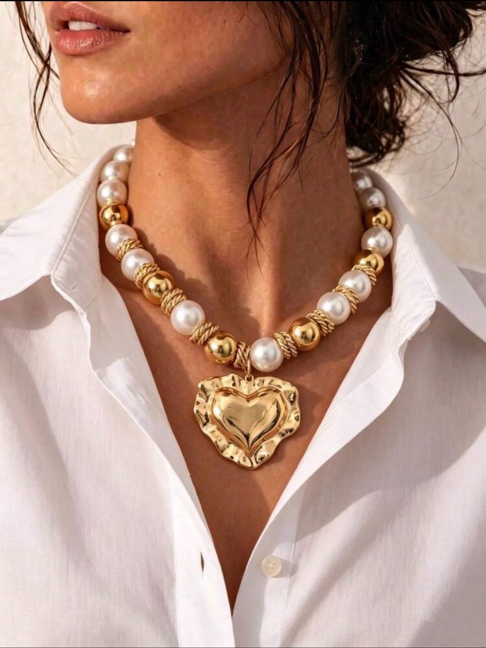 NWT Gold White Faux Pearl CCB Handmade Beaded Collarbone 3D Lace Heart Pendant
